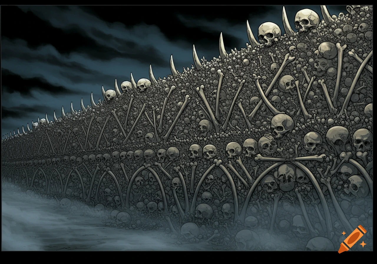 A towering wall constructed from countless human bones and skulls under a dark, cloudy sky, in a fantasy comic art style.