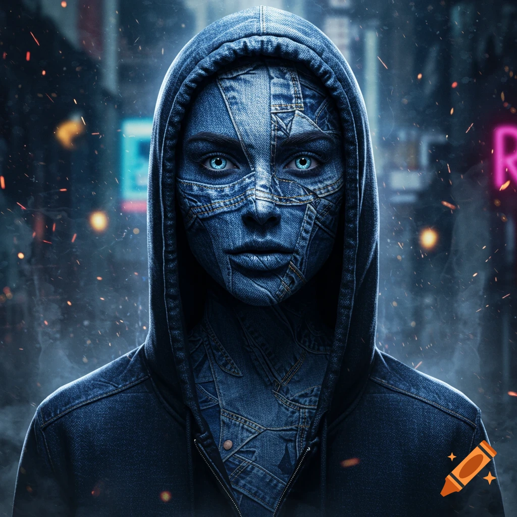 A hooded figure with a face and neck made of patched denim, vibrant blue eyes, against a dark, fiery urban background.