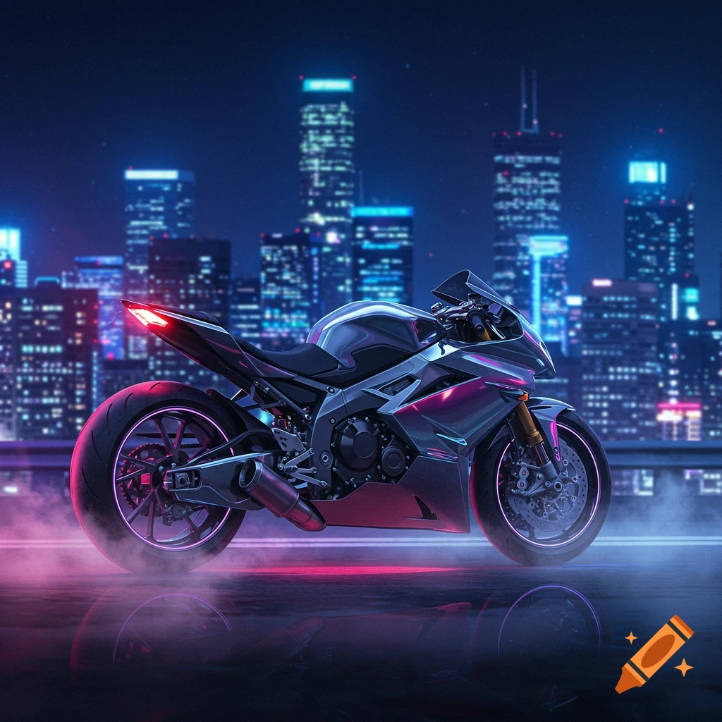 A futuristic metallic motorcycle with neon pink and blue lights sits on a reflective surface against a blurred city skyline at night.