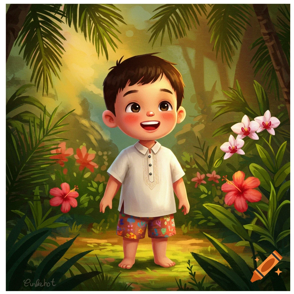 A cute, smiling cartoon boy stands barefoot in a vibrant tropical jungle surrounded by flowers and palm leaves.