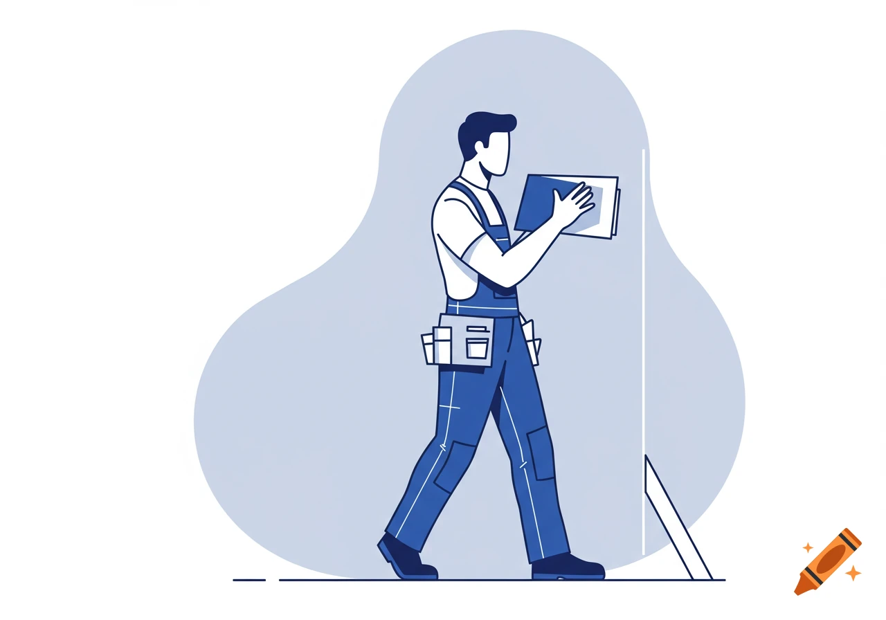 Minimalist blue and white illustration of a plasterer or handyman holding a board and walking.