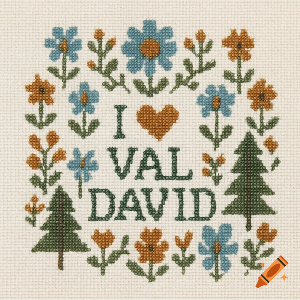 A cross-stitch design saying "I love Val David" framed by blue and orange flowers and green trees.