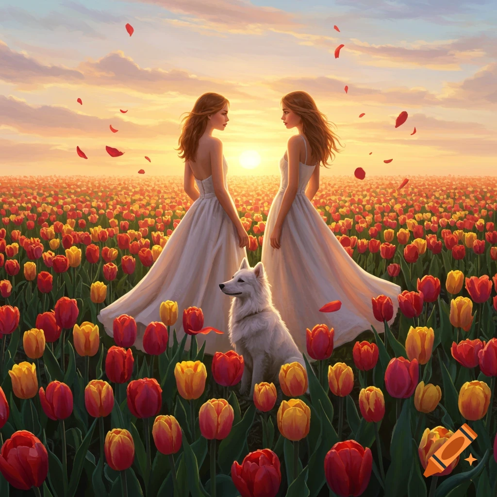 Digital painting of two women in white dresses and a white dog in a field of red and yellow tulips at sunset, with rose petals falling.