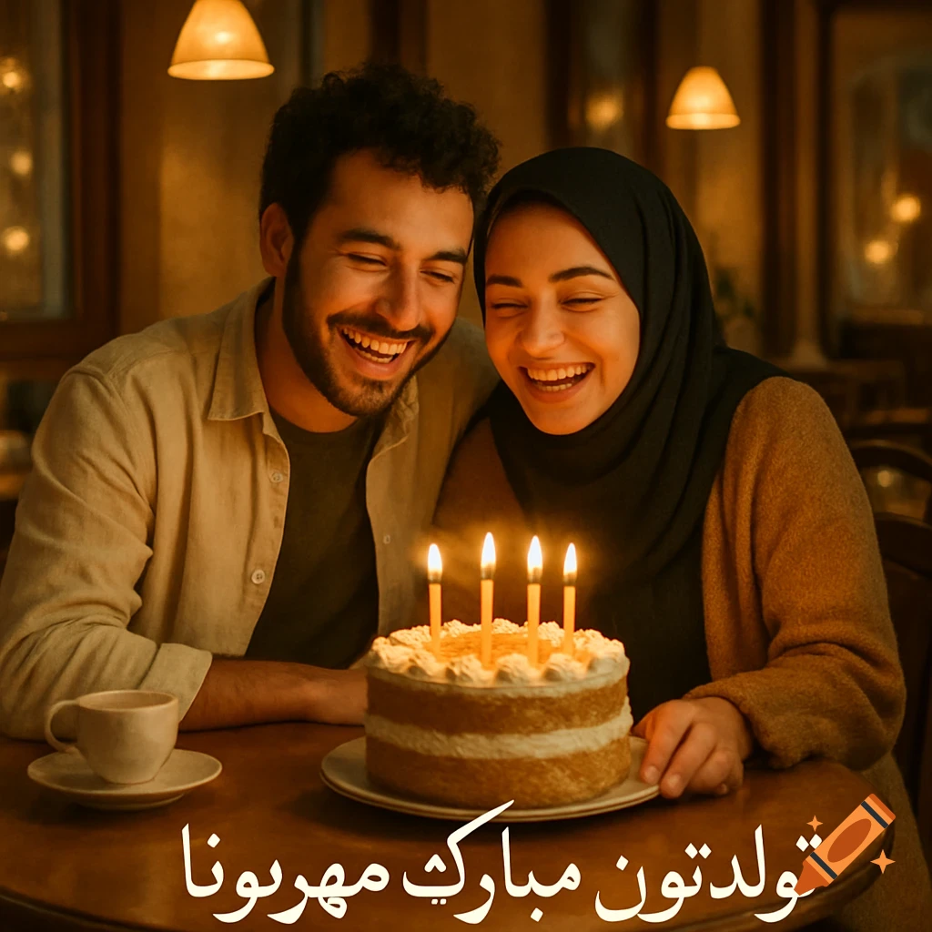 A smiling man and woman celebrate a birthday with a lit cake in a cozy, warm-toned cafe.
