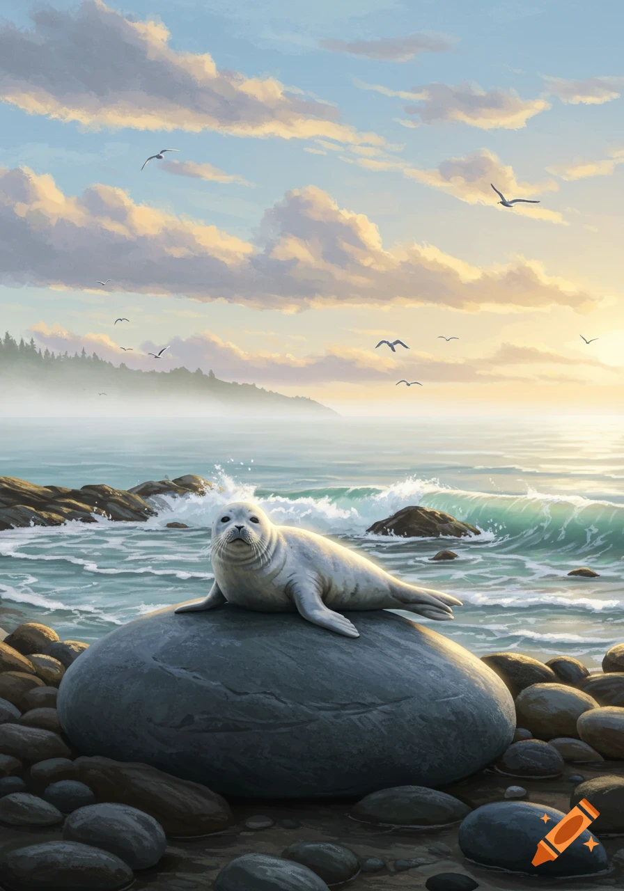A white seal rests on a large rock on a rocky beach, with ocean waves and distant trees under a sunrise sky.