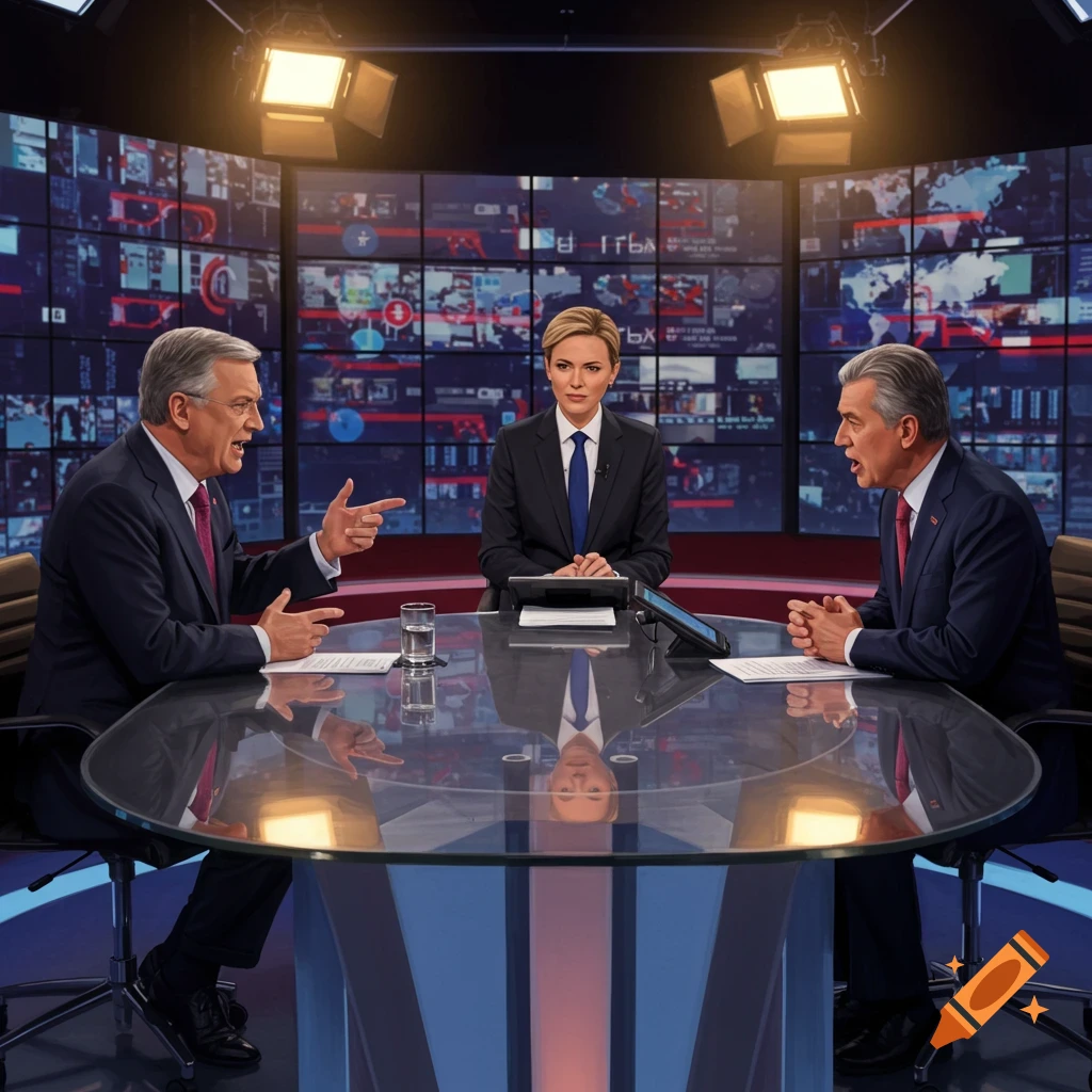 Photorealistic image of two men debating with a woman journalist in a TV studio with multiple screens in the background.