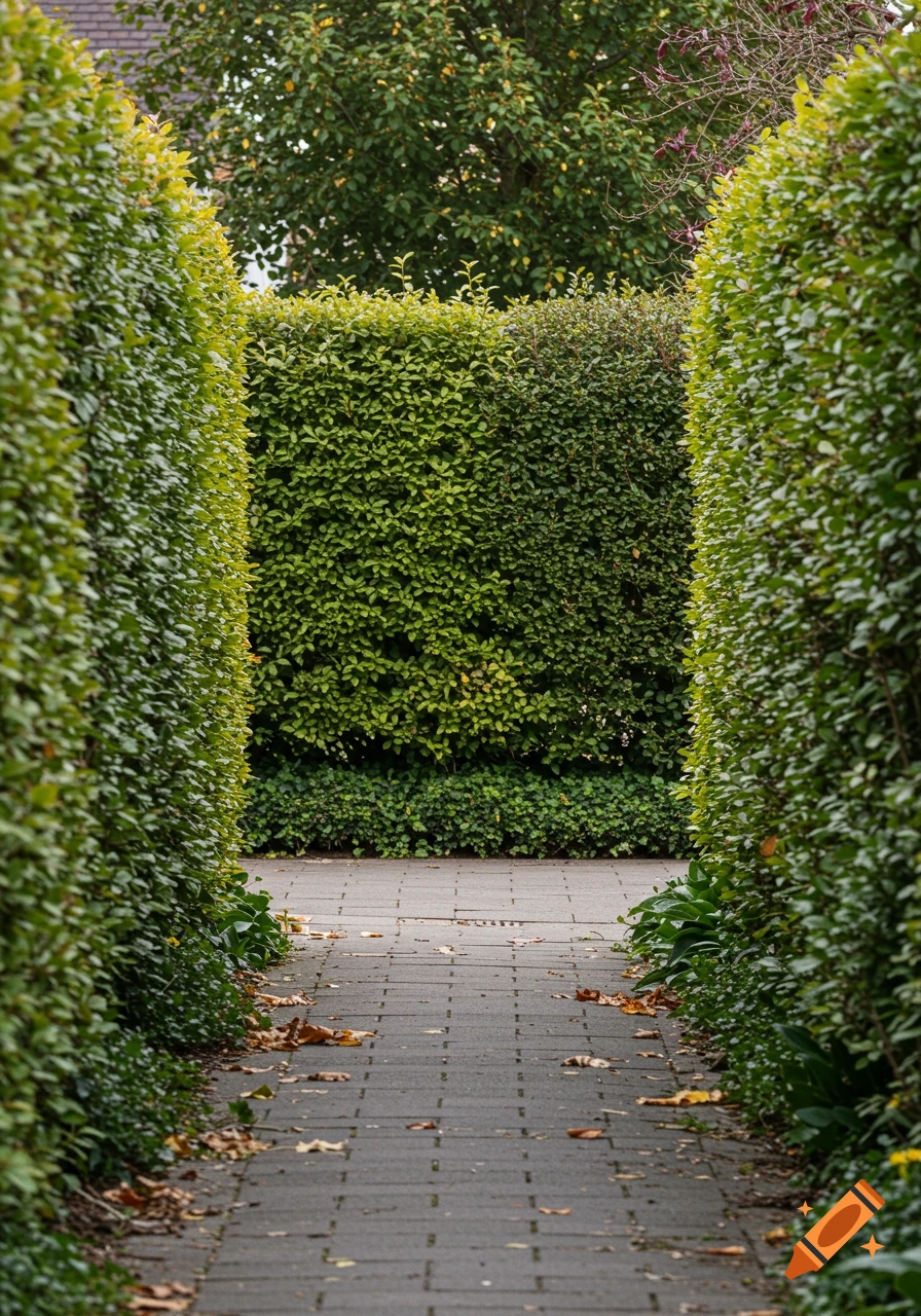 A paved garden path lined by tall, lush green hedges with fallen leaves on the ground in a photorealistic style.