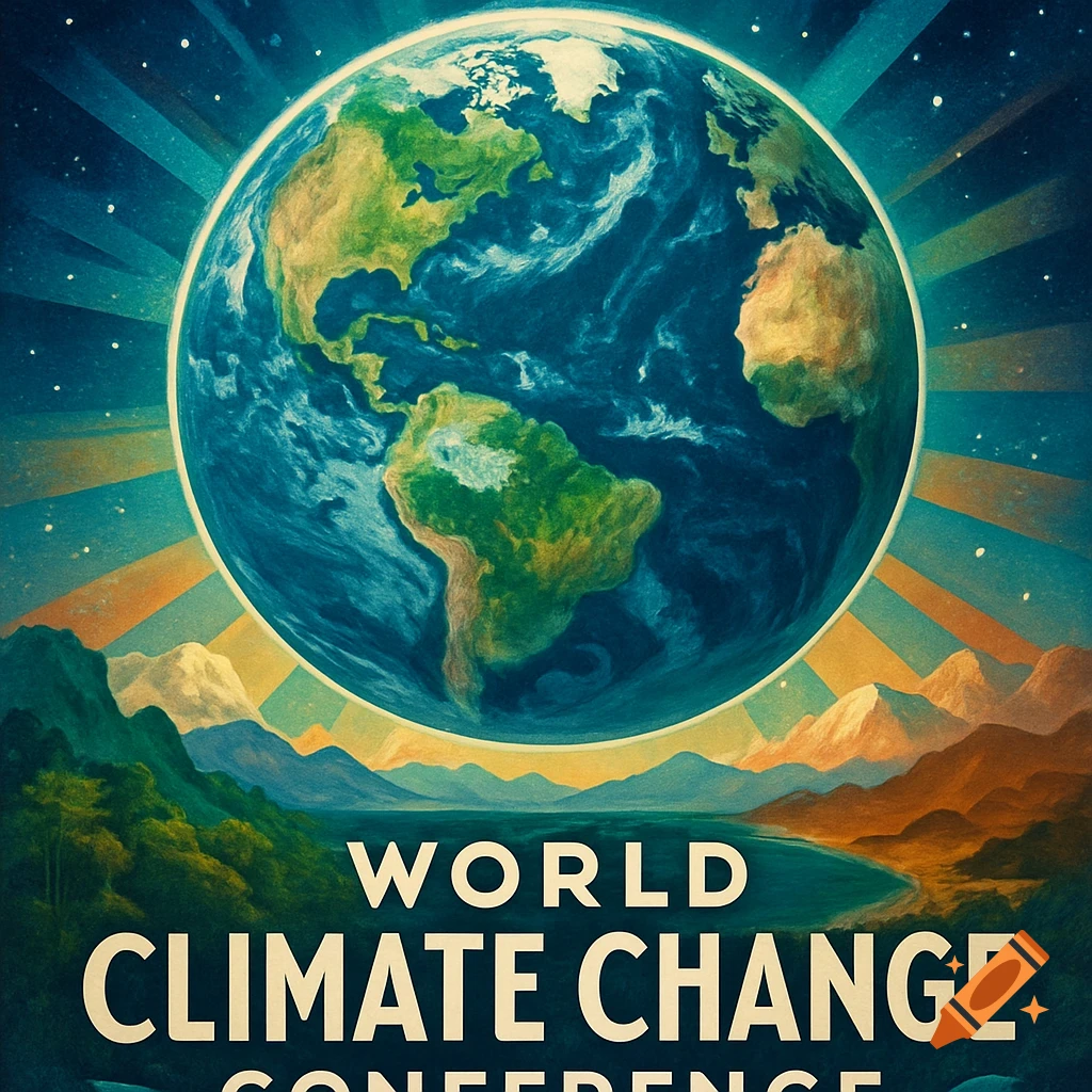 Vintage style poster of Earth above mountains and a lake, with "WORLD CLIMATE CHANGE CONFERENCE" text.