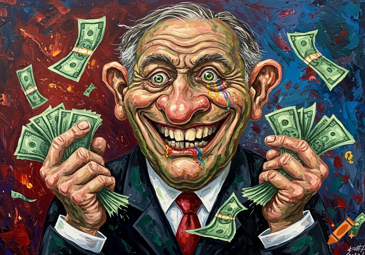 A surreal expressionist painting of a grotesque, smiling man with colorful tears, holding and surrounded by money.
