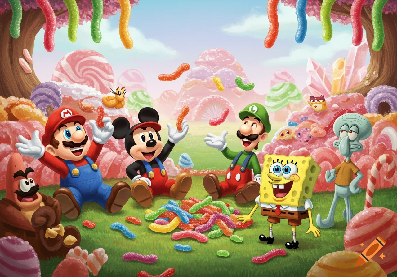 Mario, Mickey, Luigi, SpongeBob, Squidward, and Patrick sit and stand in a vibrant candy land, happily eating gummy worms. Colorful cartoon illustration.
