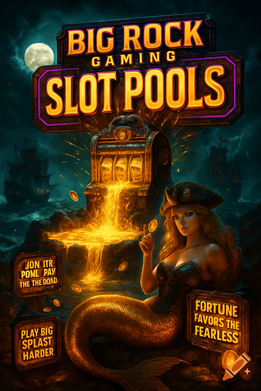 A cinematic fantasy poster for Big Rock Gaming Slot Pools, featuring a pirate mermaid and a glowing slot machine pouring gold in a stormy moonlit night with pirate ships.