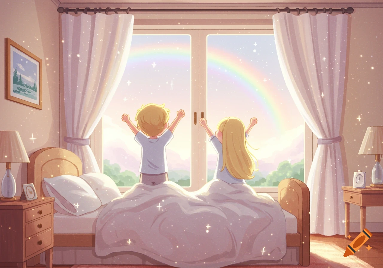 Blonde boy and girl wake up in a sparkling bedroom, stretching towards a window with a rainbow. Pastel Pixar-style illustration.
