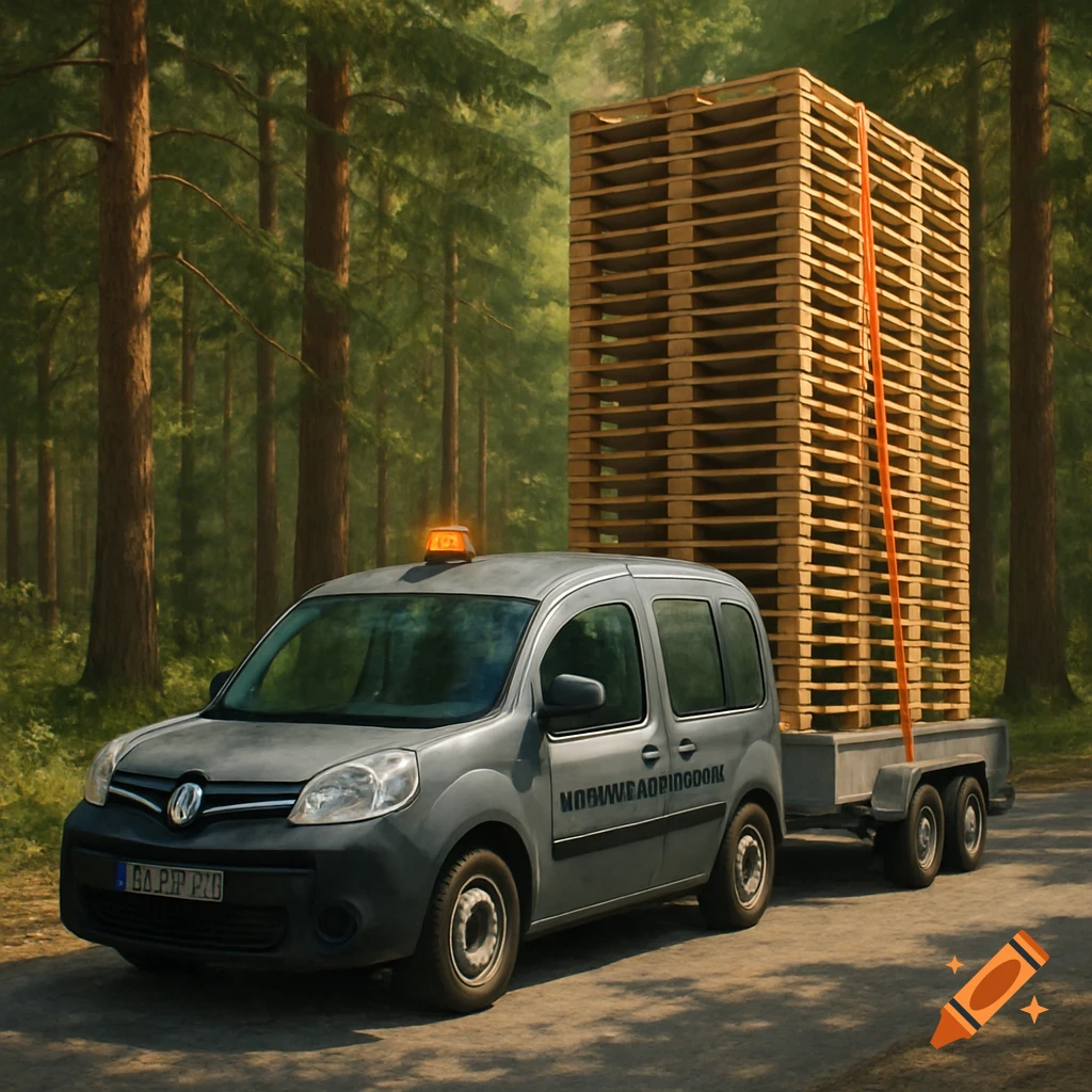 A gray Kangoo van with an orange flashing light pulls a large trailer stacked high with wooden pallets on a forest road.