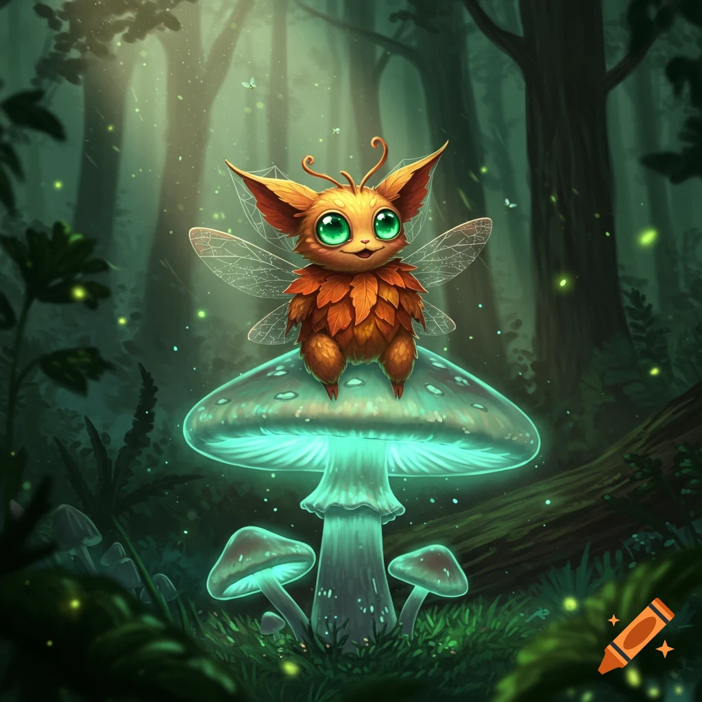 A cute, furry, orange fantasy creature with large green eyes and delicate wings sits on a glowing teal mushroom in a magical, dark forest.