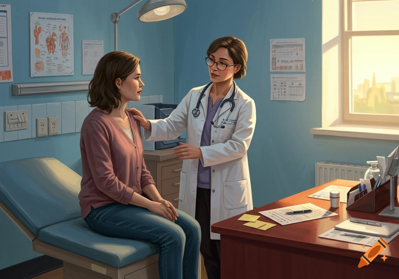 A female doctor in a white coat talks to and reassures a female patient sitting on an examination bed in a clinic.