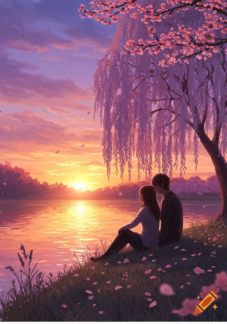 An anime couple sits by a lake under a flowering tree, watching the vibrant sunset.