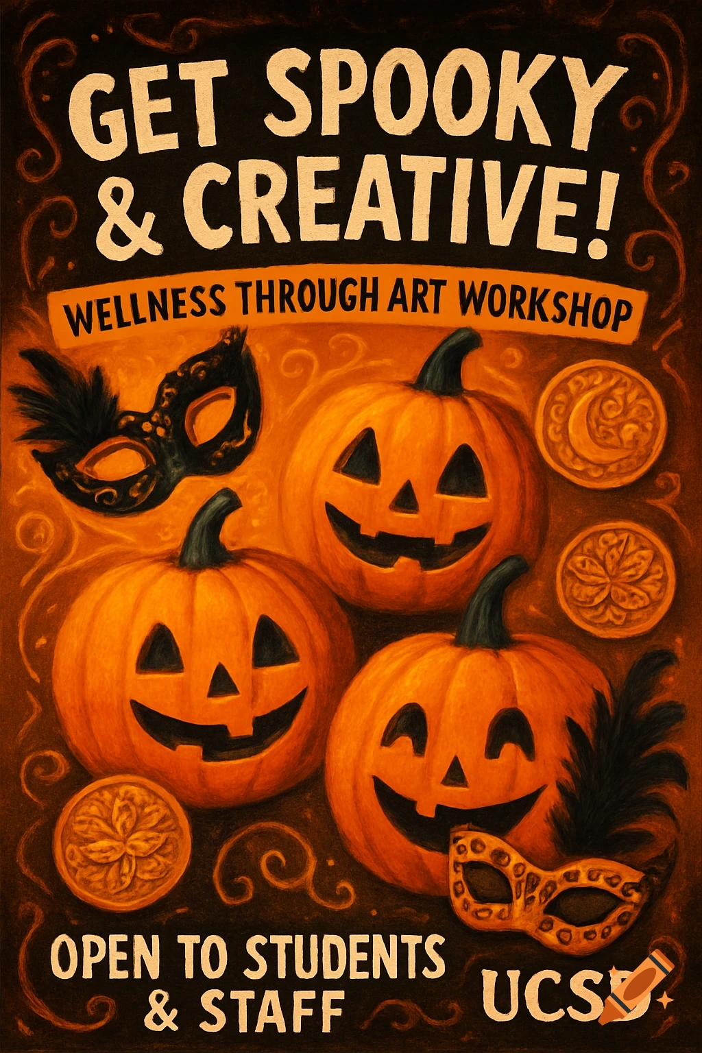 A Halloween-themed poster showing three jack-o'-lanterns, two masquerade masks, and decorative medallions with text about an art workshop.