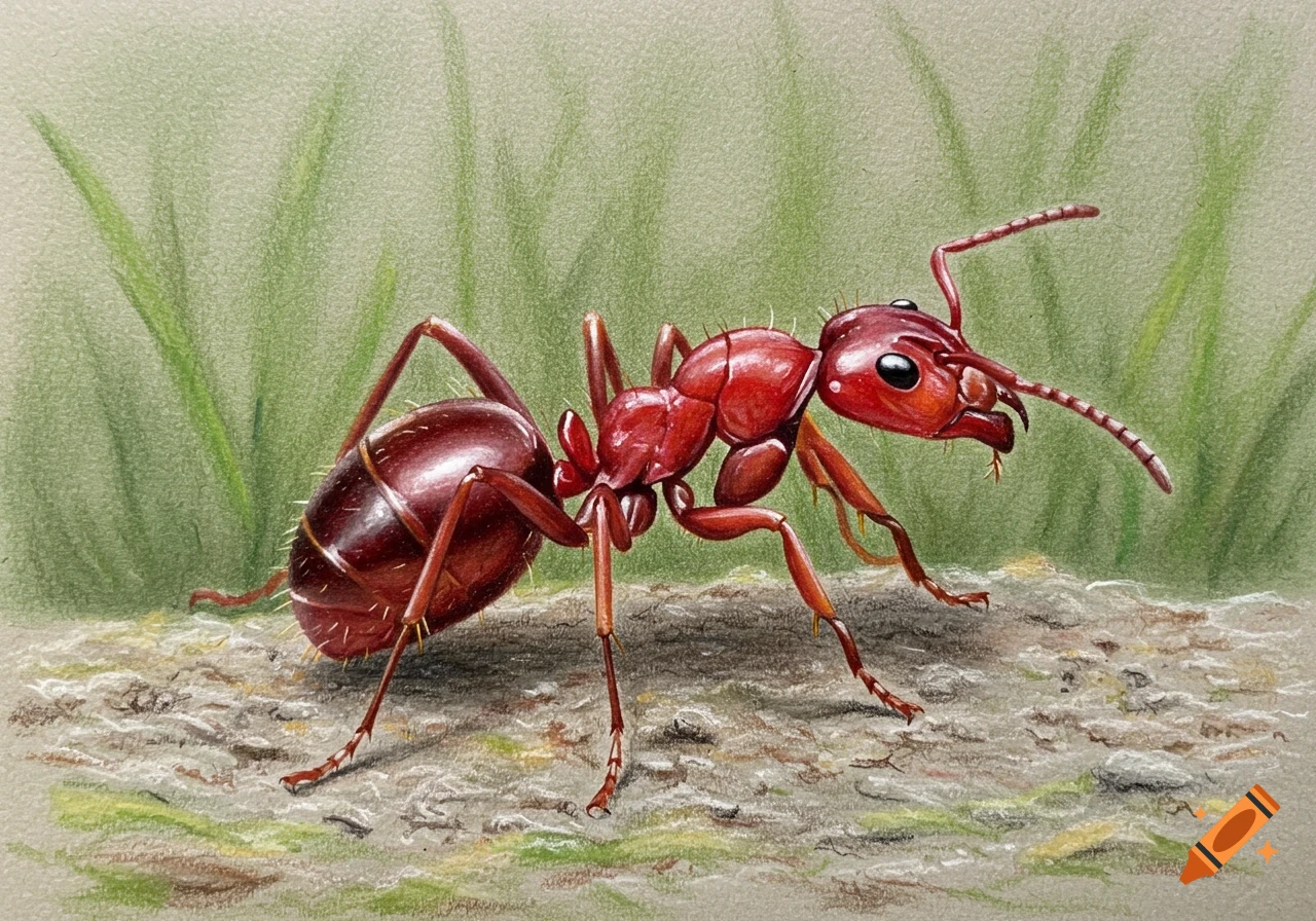A detailed colored pencil drawing of a red ant, seen from the side, on textured ground with green grass in the background.