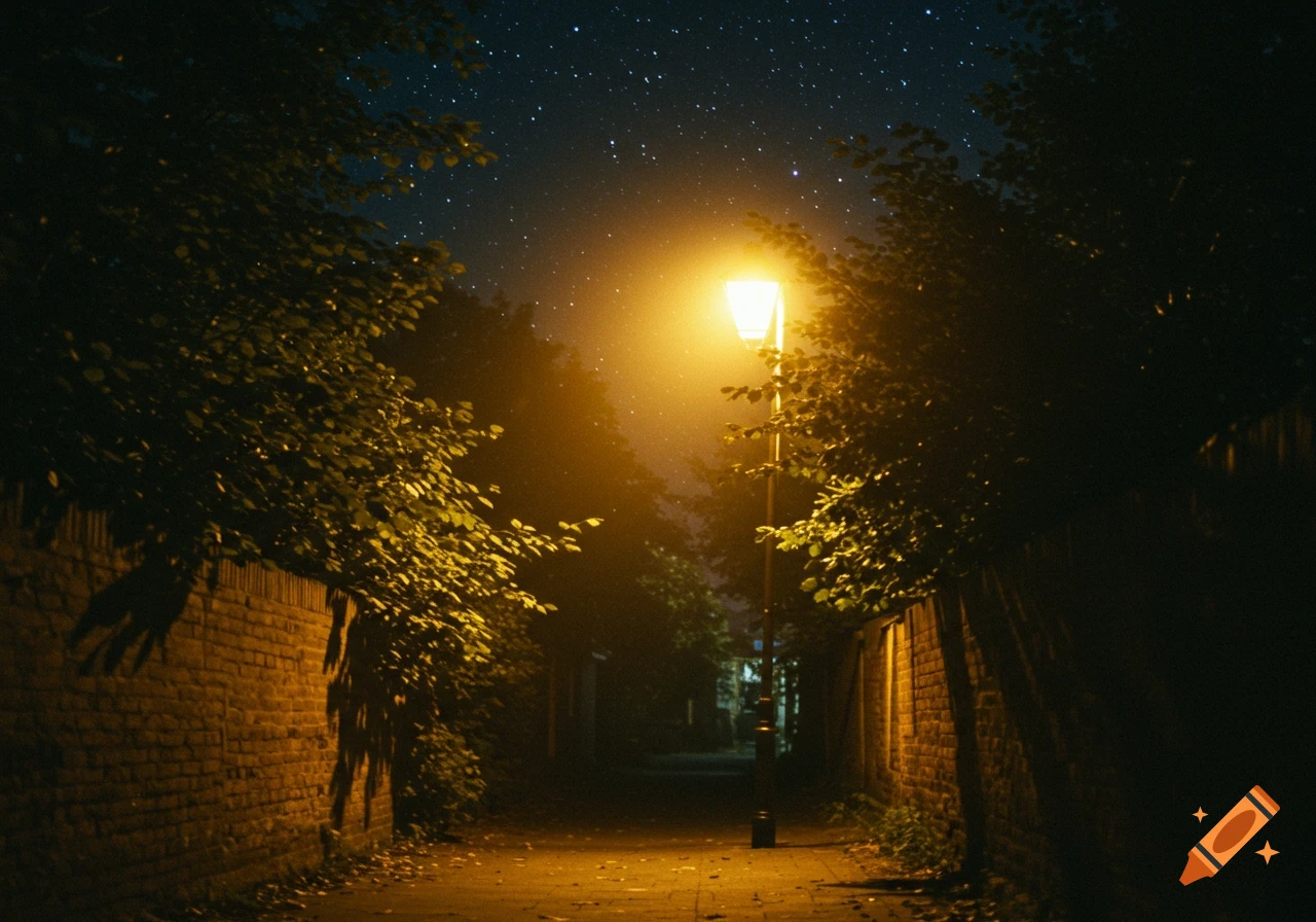 A dark, narrow pathway at night, illuminated by a single glowing street lamp. Brick walls and trees line the path under a starry sky.