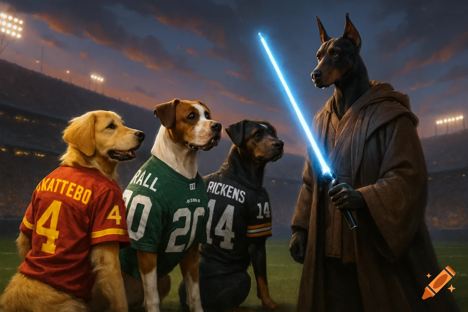 Four dogs in a football stadium at dusk, with three wearing football jerseys and one Doberman dressed as a Jedi holding a blue lightsaber.