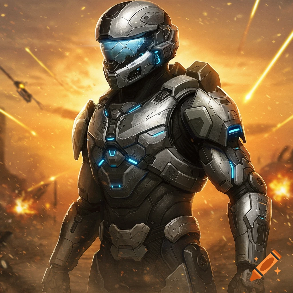 A futuristic armored soldier in a silver and blue suit stands amidst a fiery battle scene with explosions and debris.