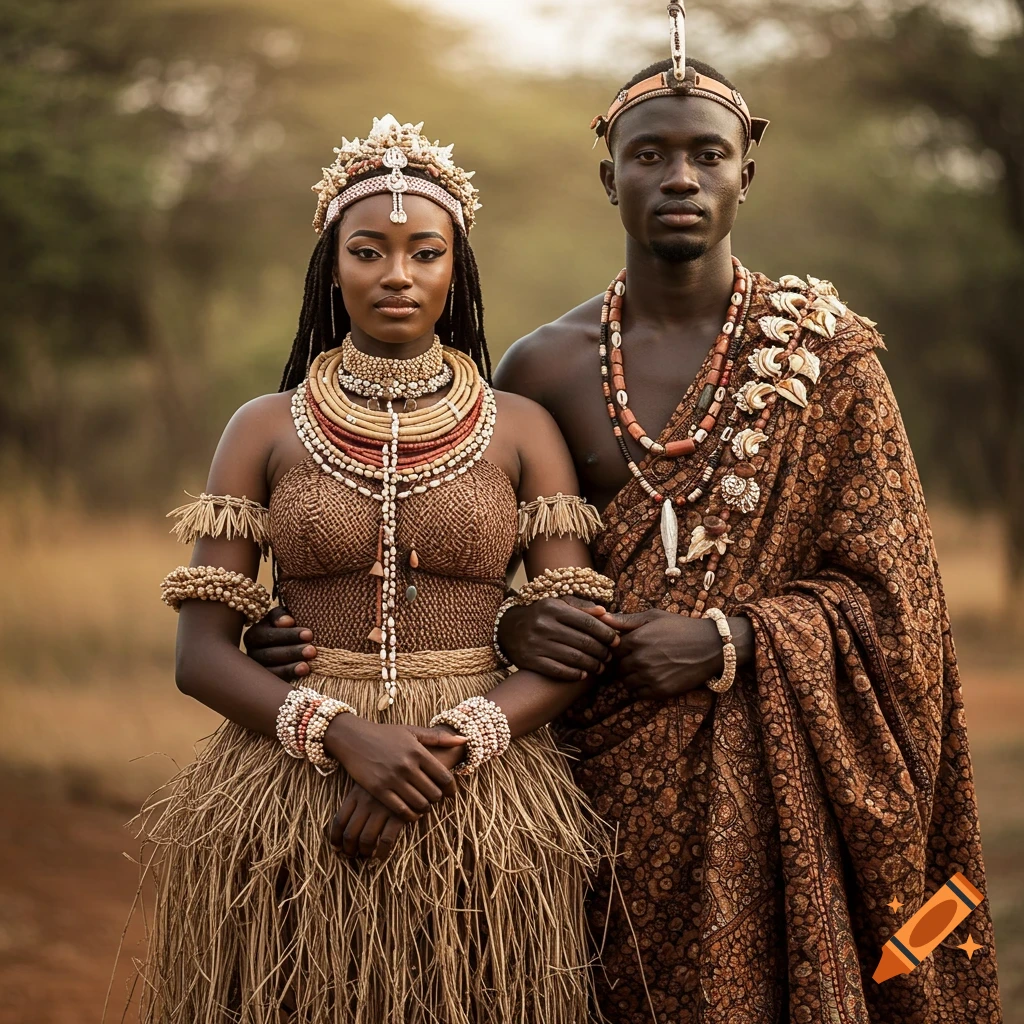 Photorealistic portrait of a beautifully adorned African couple in traditional tribal garments and seashell jewelry, standing outdoors.