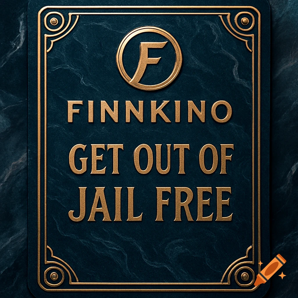 A dark teal and gold stylized 'Get Out of Jail Free' card with 'FINNKINO' text and an F logo.