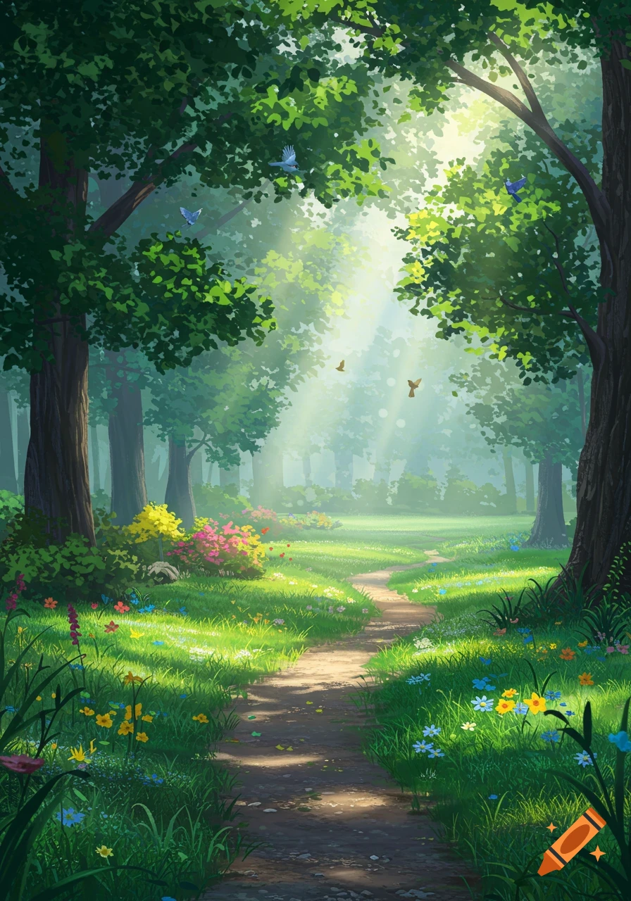 A vibrant, sunlit forest path winds through lush green trees and a clearing filled with colorful flowers, with birds flying above.