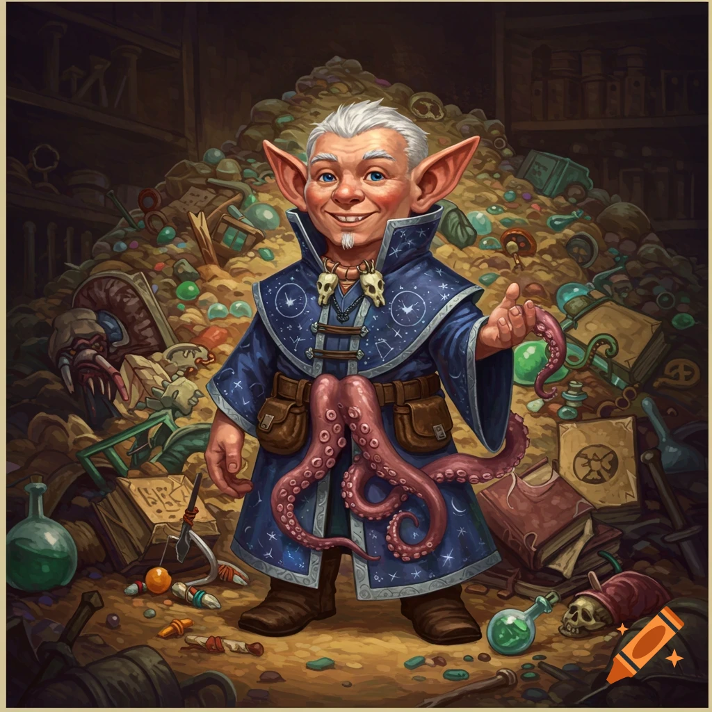A smiling gnome wizard in a blue robe with an octopus arm belt and skull necklace, surrounded by a pile of fantasy treasure and junk.