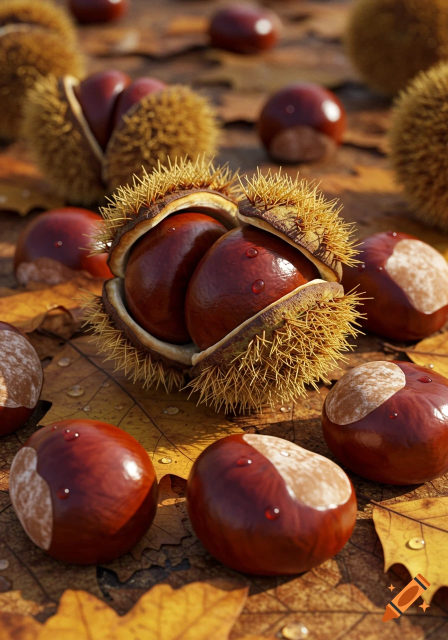 Photorealistic close-up of shiny horse chestnuts and their spiky husks scattered on wet autumn leaves with water droplets.