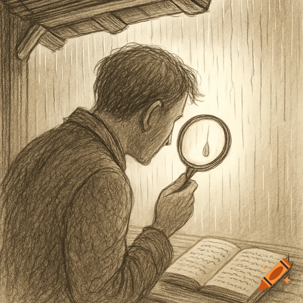 Pencil drawing of a man observing a raindrop through a magnifying glass under a rainy veranda, an open book beside him.