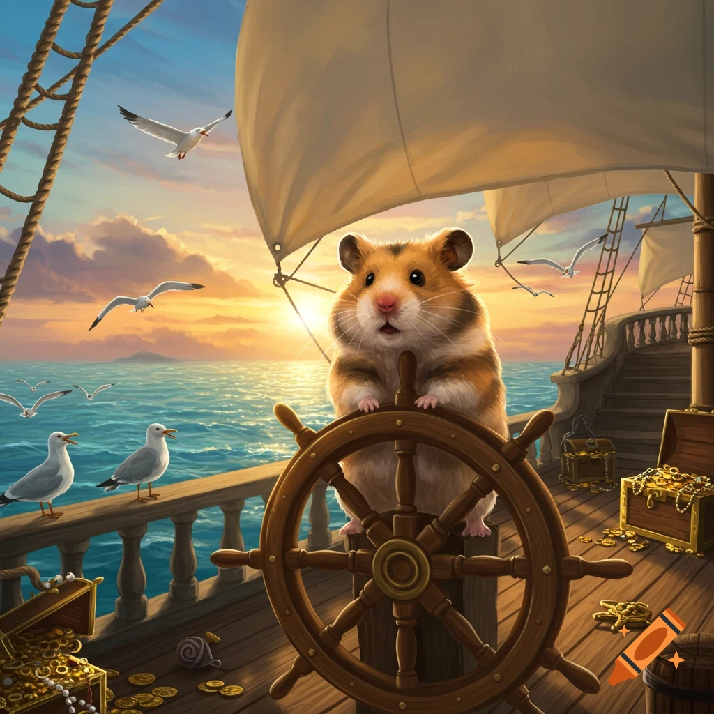 A fluffy hamster steers a wooden ship's wheel on a pirate ship at sunset, with seagulls and treasure chests.