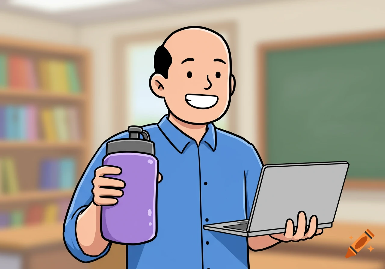A smiling cartoon male teacher, partially bald, holds a purple water bottle and a laptop in a classroom.
