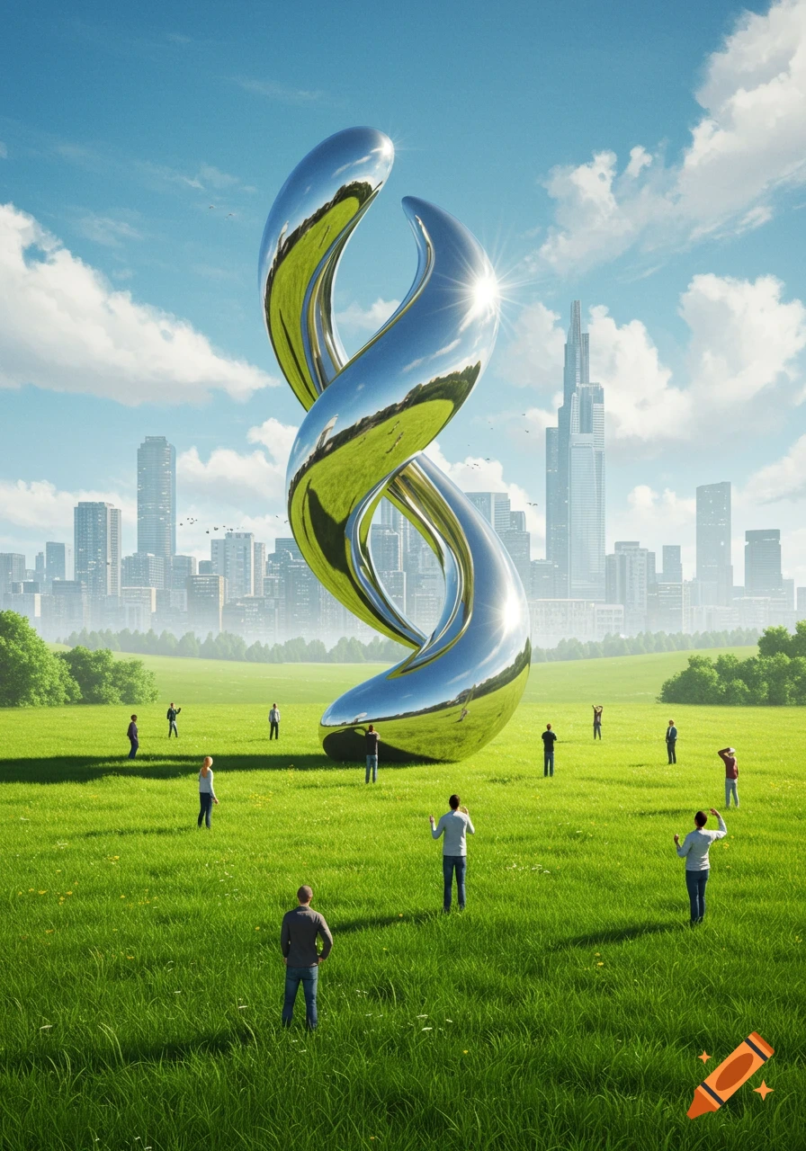 A large shiny chrome sculpture resembling a twisted double helix stands in a green field with small figures gazing at it, a city skyline in the background under a blue sky.