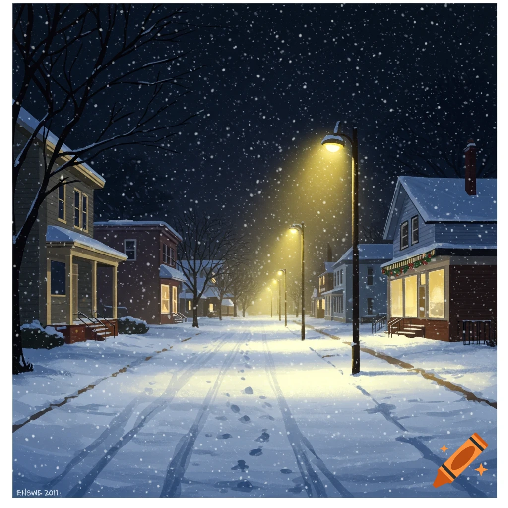 An illustration of a snowy residential street at night, with streetlights illuminating falling snow and houses.