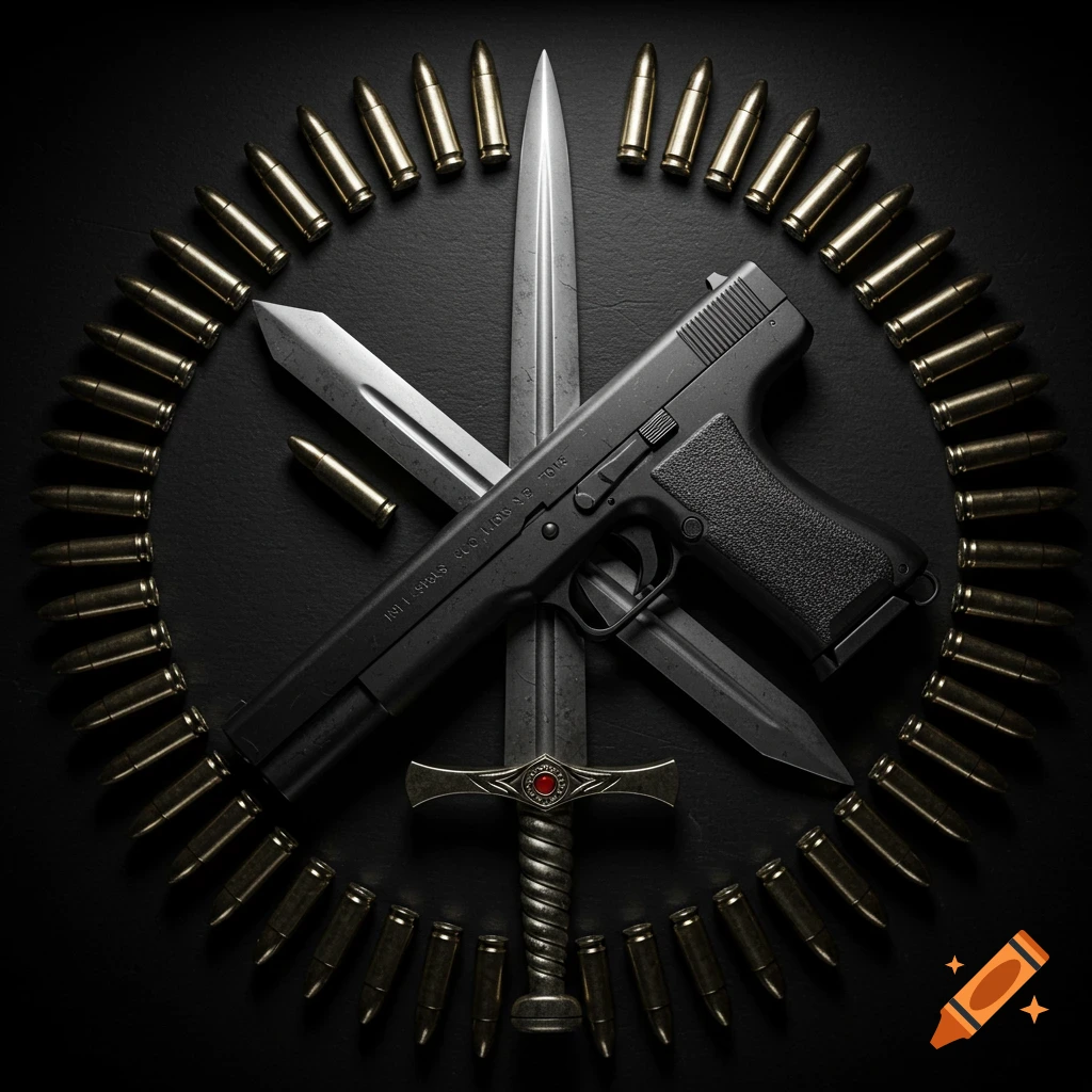 Photorealistic top-down view of a black pistol and two silver swords crossed, encircled by golden bullets on a dark background.