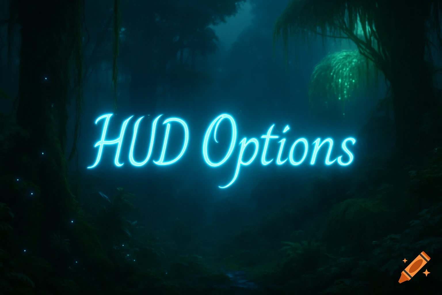 Neon blue text reading "HUD Options" floats in a dark, mystical forest with glowing plants, in the style of Avatar.