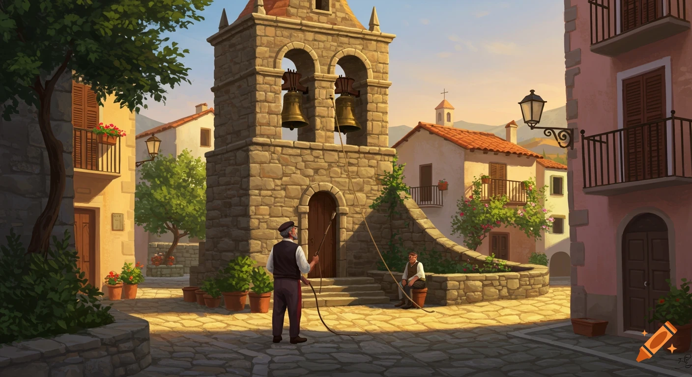 A stylized illustration of two men ringing bells in a quaint, sunlit stone village square with a large bell tower.