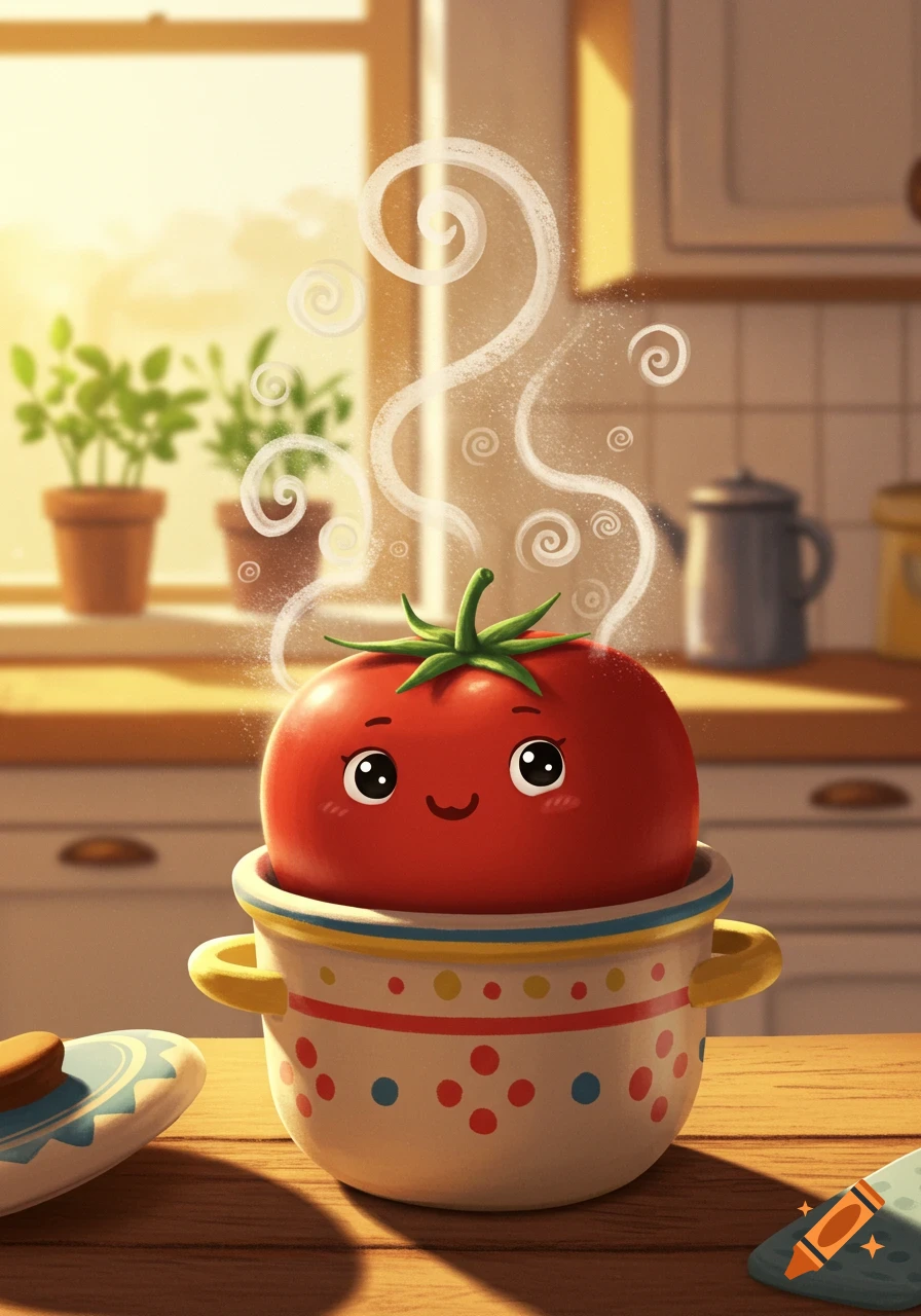 A cute, smiling cartoon tomato sits in a colorful polka-dotted pot on a wooden kitchen counter, with steam rising.