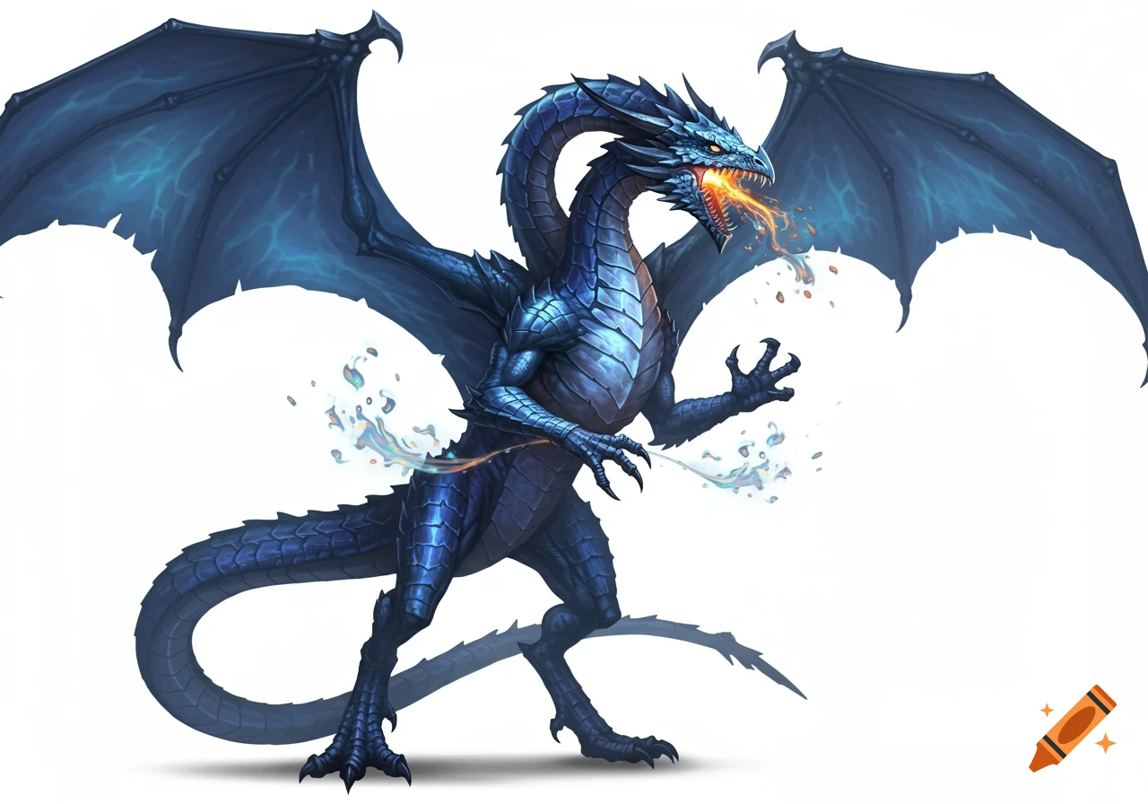 A majestic blue dragon with large wings and scales stands on a white background, breathing orange flames from its mouth.