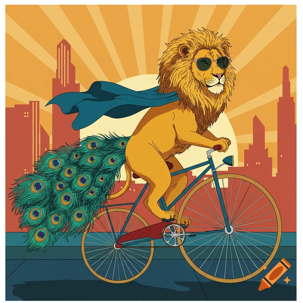 A stylized cartoon lion wearing sunglasses and a blue cape, with a large peacock tail, rides a bicycle through a city at sunset.