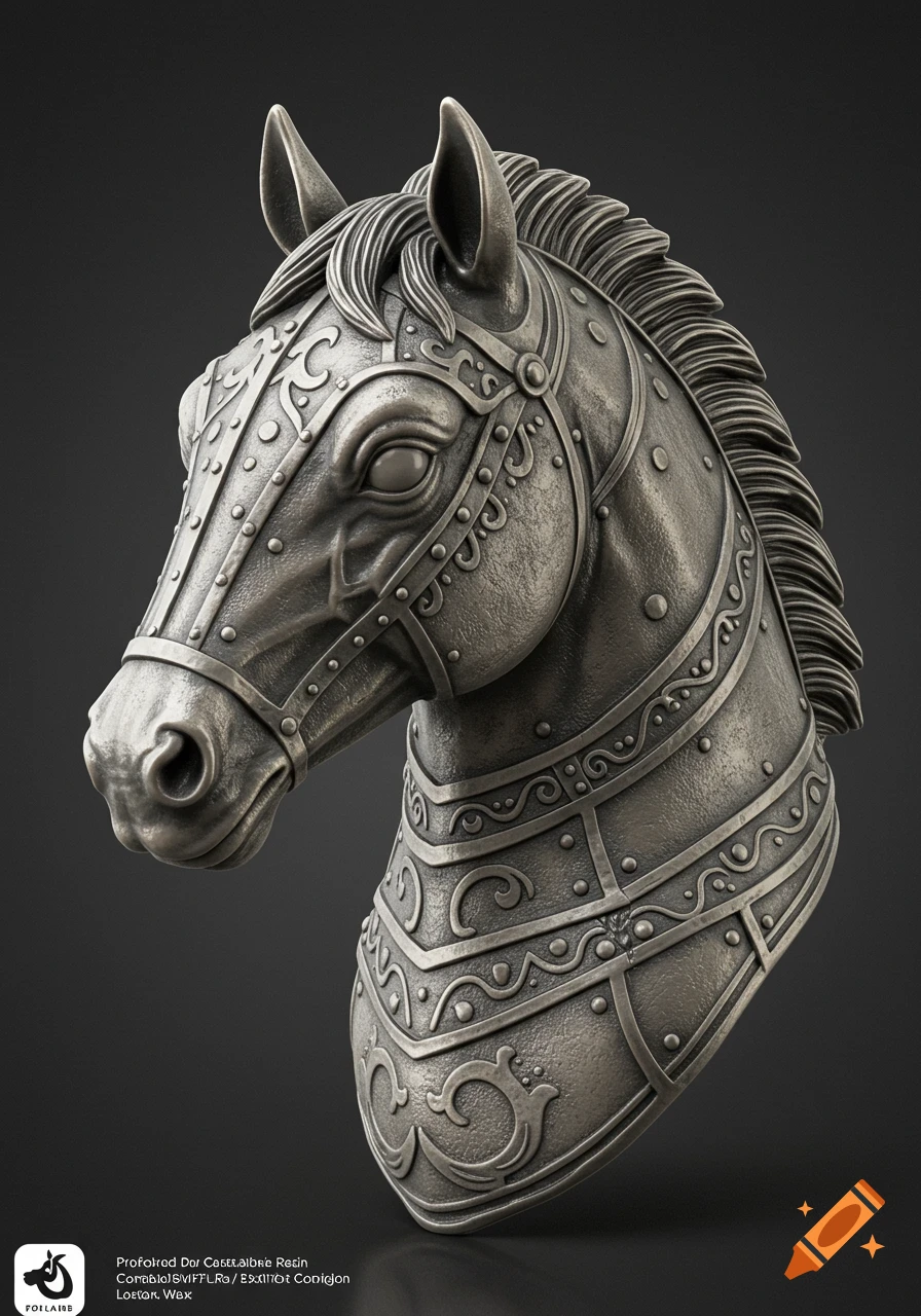 A detailed metallic horse head sculpture in ornate armor against a dark background.