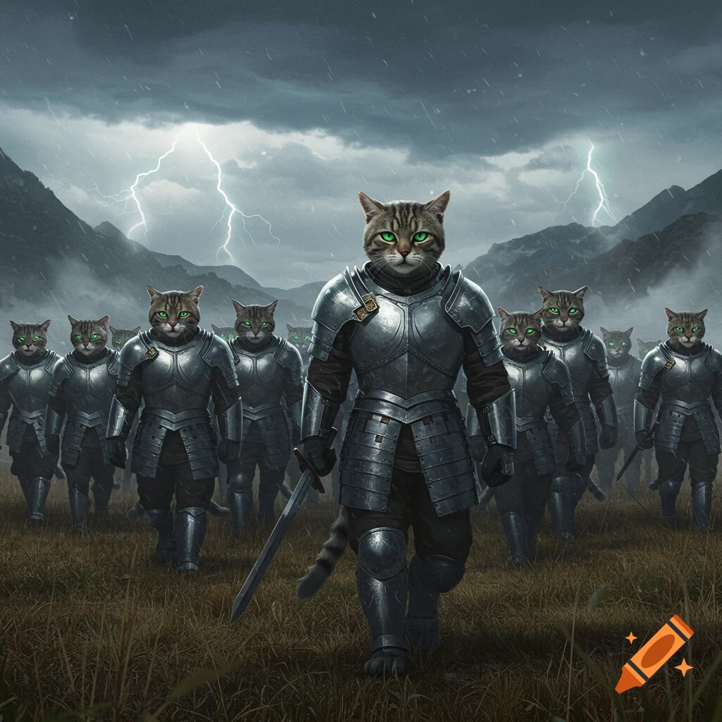 A group of armored cat knights with glowing green eyes walk across a stormy, grassy field under a lightning-filled sky.