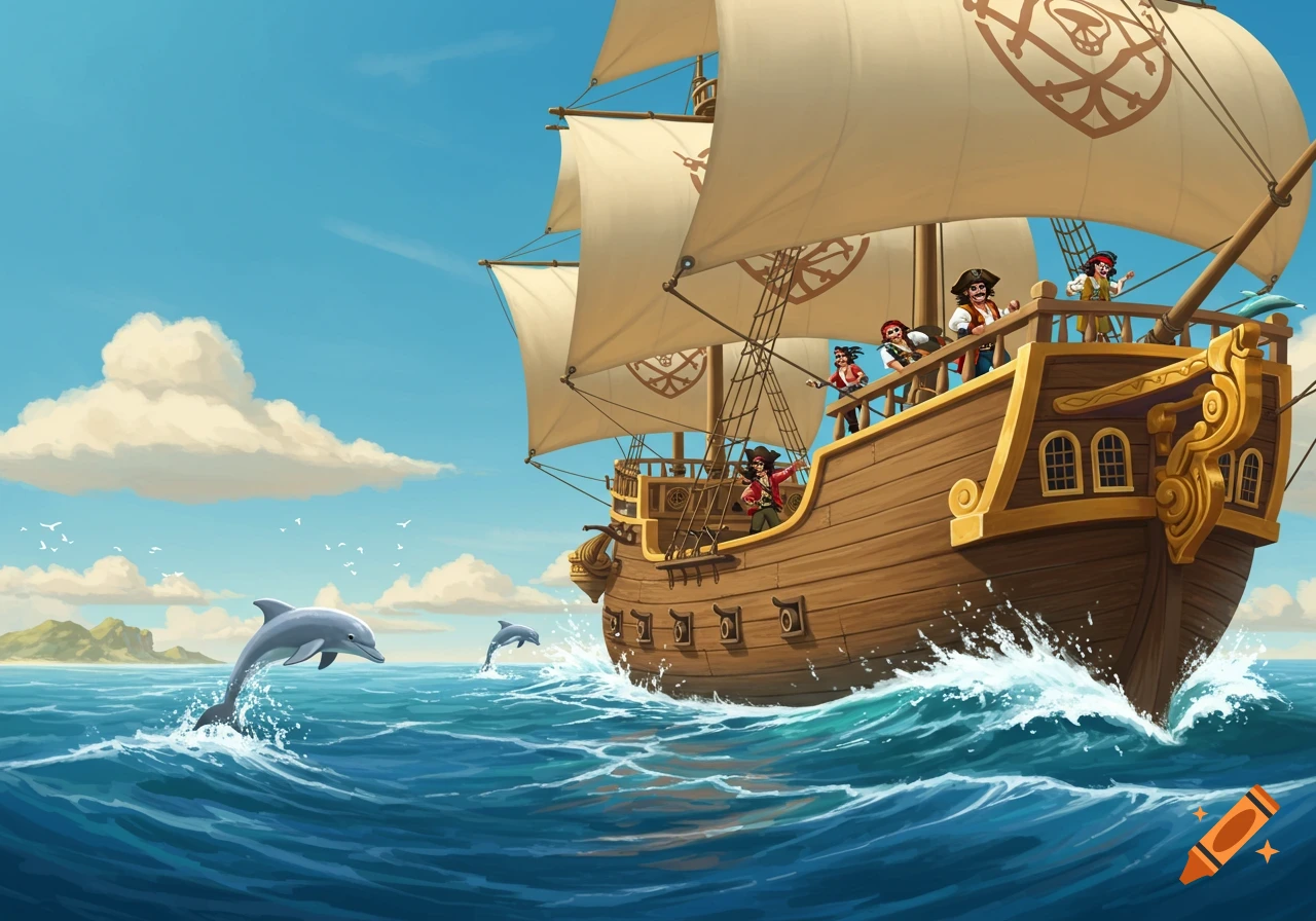 A cartoon pirate ship with a crew of pirates sails on a wavy blue ocean with dolphins jumping out of the water. Fluffy clouds dot the sky, and a distant island is visible.