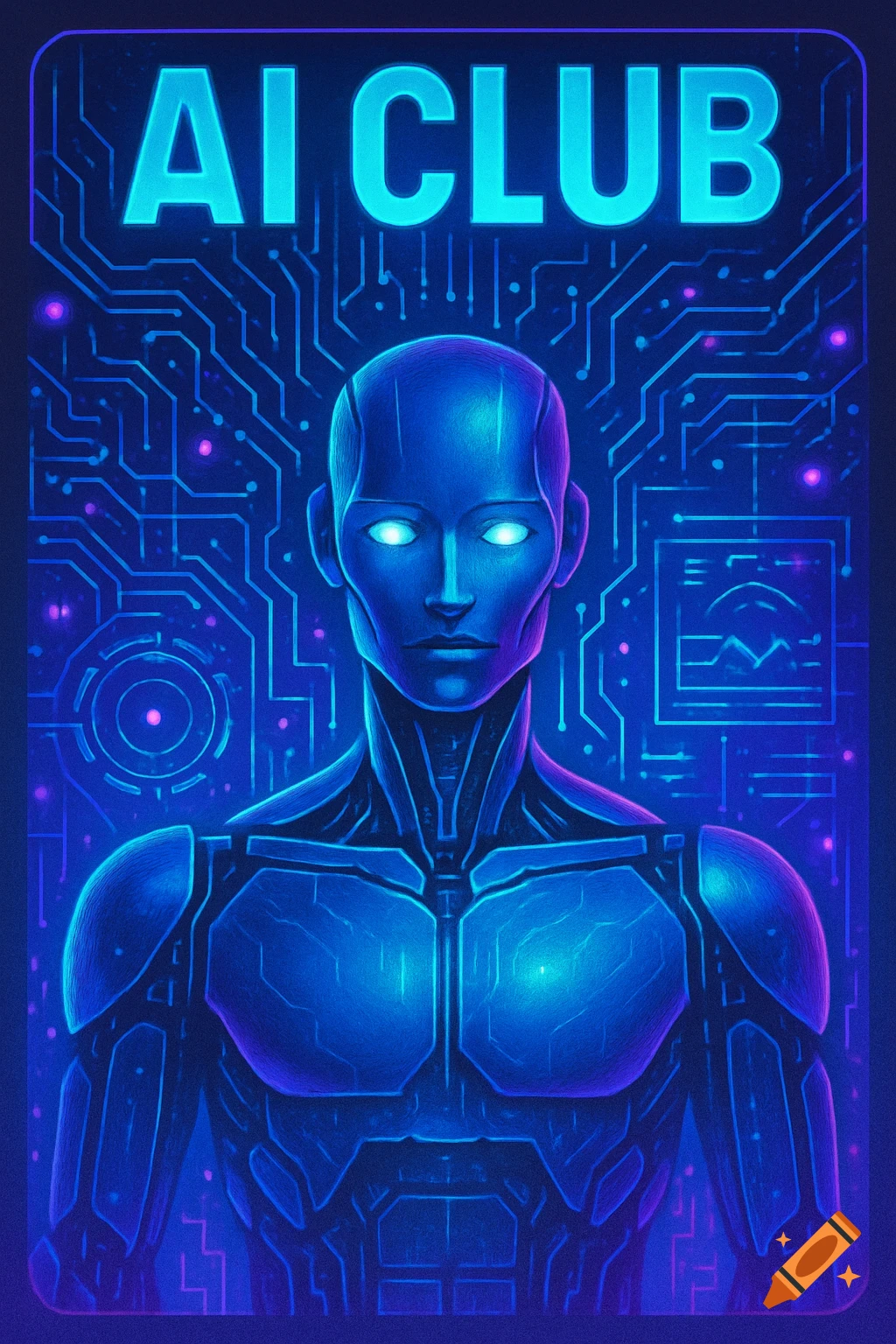 A futuristic blue robot with glowing eyes and intricate armor against a dark blue circuit board background, displaying 'AI CLUB' in neon letters.