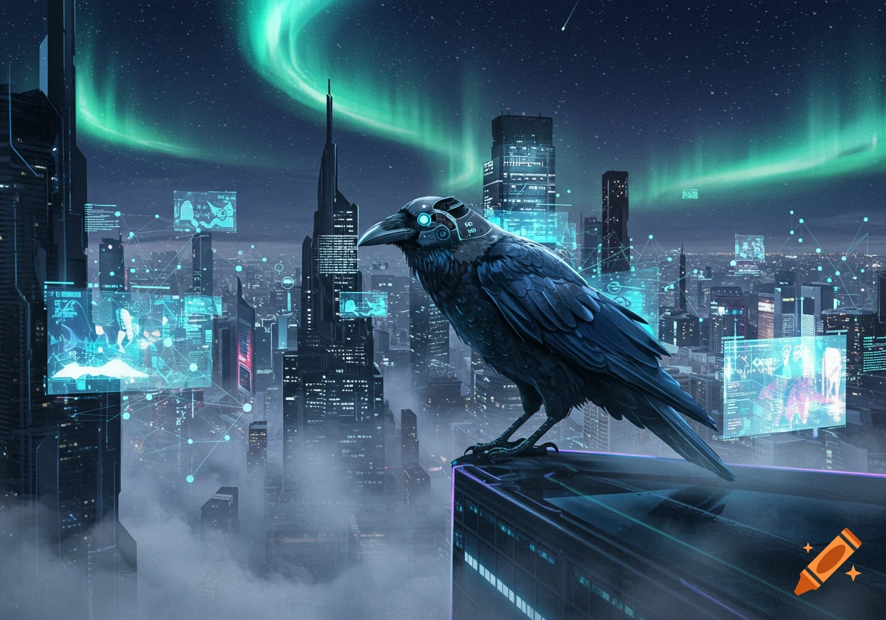 A robotic crow perches on a skyscraper in a futuristic cyberpunk city under the green aurora borealis.