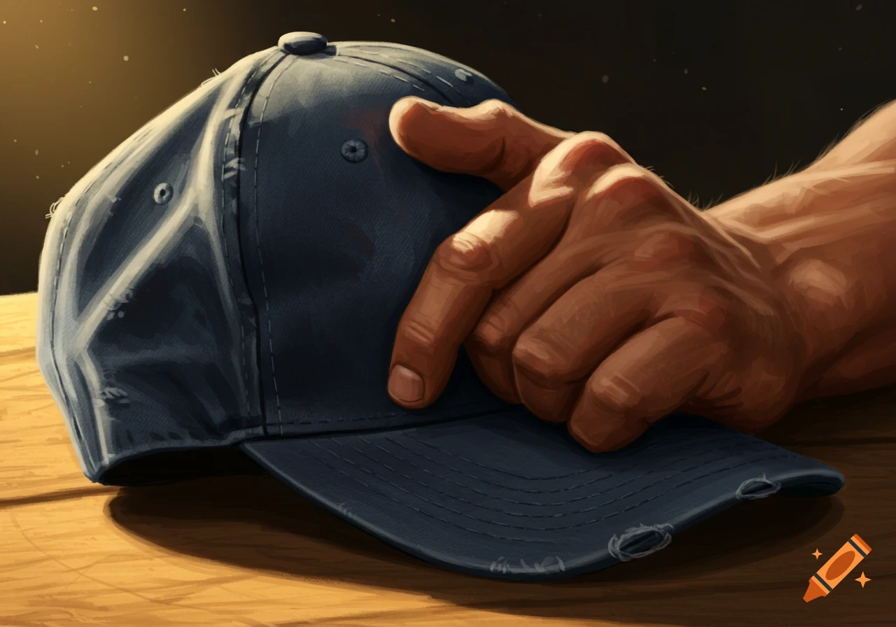 A right hand gently rests on a blue baseball cap on a wooden surface, rendered in a detailed digital painting style with warm lighting.