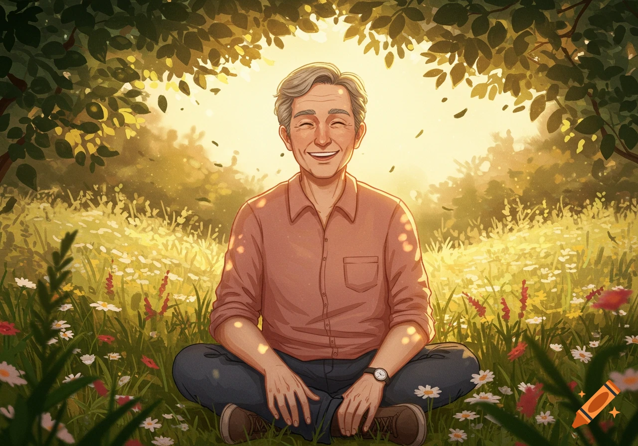 Illustrated happy elderly man with gray hair sitting cross-legged in a sunny, flowery meadow under trees.