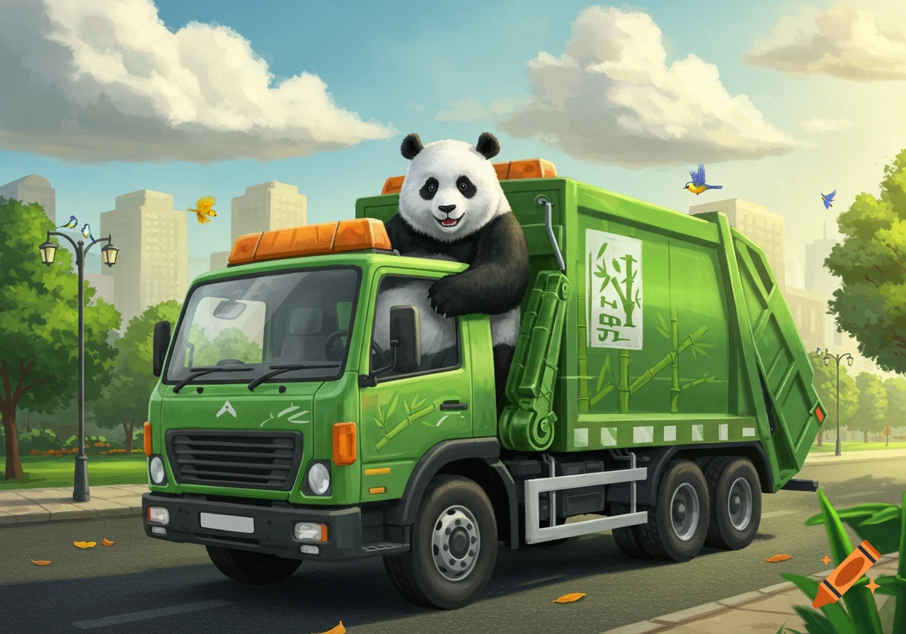 A happy panda drives a green garbage truck down a city street in a vibrant cartoon style.