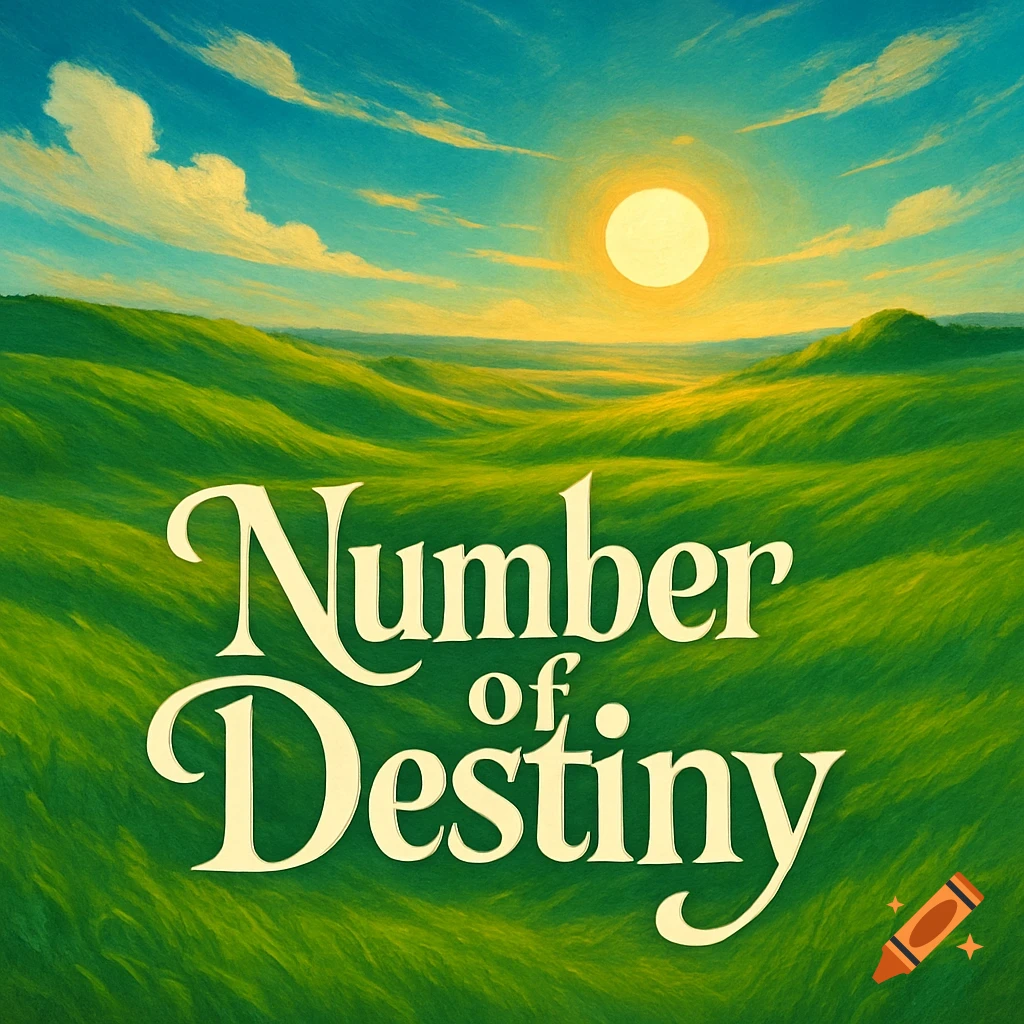 Green rolling hills under a bright sun and blue sky, with the words 'Number of Destiny' in a stylized font centered on the landscape.